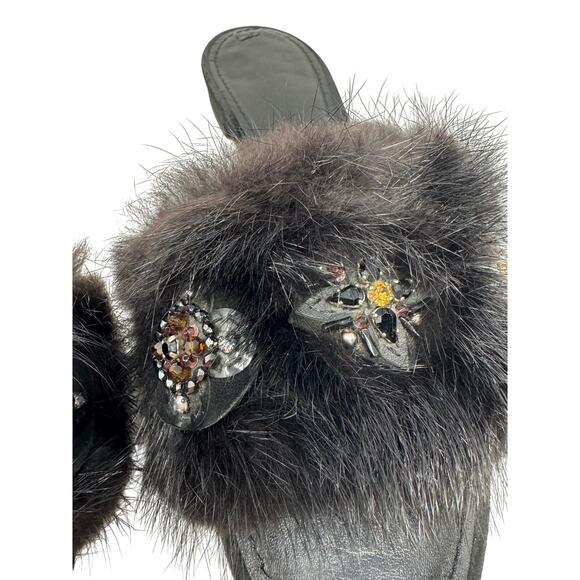Louis Vuitton Black Fur Jeweled Slide Sandals Women’s EU 39 Luxury Designer - Picture 7 of 9